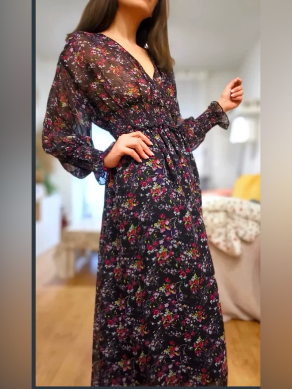 Zara Black Floral Chiffon Long Sleeve Dress with Pink Green Accents Size XS